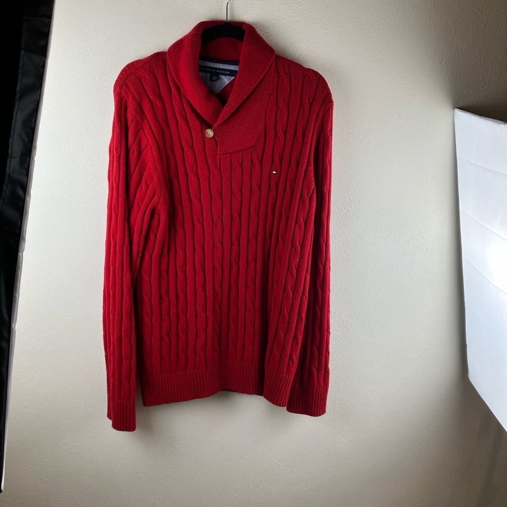 Tommy Hilfiger Men’s XXL Red Cable Knit Shawl Collar Sweater